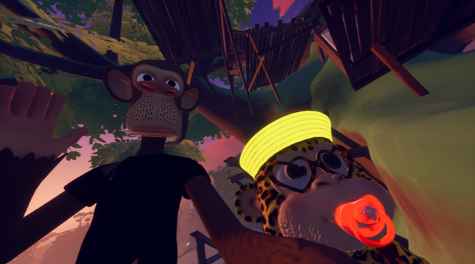 The image features a cartoon character, possibly a monkey or an owl, wearing glasses and holding a pacifier with a baby's face on it. The character appears to be standing at the top of a treehouse, which has a wooden structure. There is also text in the image that reads "Came to the top of the treehouse in @OthersideMeta to claim my baby shpend badge. Why you may ask? idk. who cares. im getting a baby @NGBxShpend badge." The character's position at the top of the treehouse and its relation to the post suggest that it is trying to get a badge for taking care of a baby, possibly as part of a game or challenge.