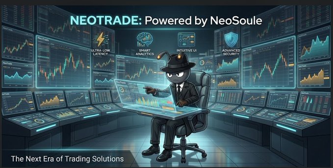Digital illustration for "NEOTRADE: Powered by NeoSoule" featuring a rabbit character in a suit and hat trading at multiple monitors, with text highlighting 'ULTRA-LOW LATENCY', 'SMART ANALYTICS', 'INTUITIVE UI', and 'ADVANCED SECURITY'.