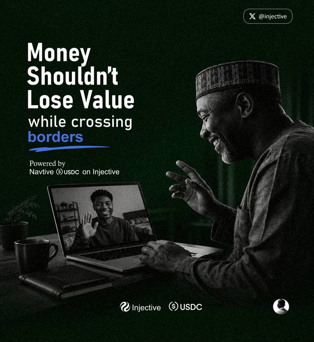 An older man in a patterned cap smiles warmly while video-calling a younger person on his laptop, paired with the text "Money Shouldn't Lose Value while crossing borders — Powered by Native USDC on Injective."

The image complements the post by illustrating the personal, human side of cross-border value transfer—showing a moment of connection between people in different regions that reflects the story's theme of seamless, borderless finance using Native USDC on Injective.