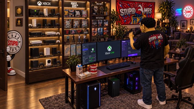 A man wearing a black 'STUPID MFS' t-shirt stands in an elaborate gaming room filled with gaming memorabilia, including an Xbox logo on the wall and shelves stocked with retro consoles and games.