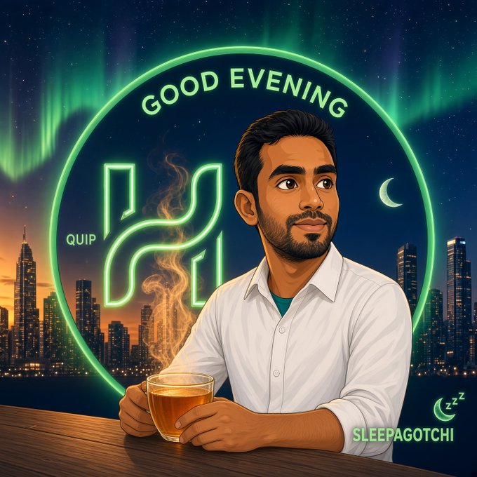 A stylized illustration of a man in a white shirt holding a steaming cup of tea against a cityscape with aurora borealis, framed by a neon circle reading 'GOOD EVENING', 'QUIP', and 'SLEEPAGOTCHI'.