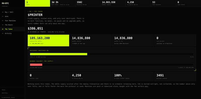 The image shows a dashboard for the $PRINTER token, displaying key metrics including a fixed supply of 200,000,000 tokens, a burn address holding 185,163,200 tokens (representing 92.58% of supply), and 3,491 active Machines that have burned 14,836,800 tokens—directly illustrating the post's claim about irreversible token destruction and scarcity.