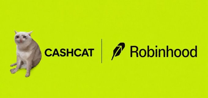 A bright green banner features a white cat next to the text "CASHCAT" and the Robinhood logo.