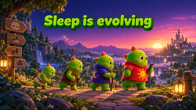 A colorful fantasy illustration showing an evolution of green characters from caveman to modern figure with the text 'Sleep is evolving' at sunset.