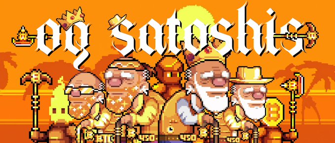 A pixel-art promotional image for "OG Satoshis" featuring four Bitcoin-themed elderly characters (likely representing variations of the Satoshi figure) standing together, each holding tools like hammers and pickaxes, set against an orange Bitcoin-orange backdrop with the "OG Satoshis" title displayed in gothic-style lettering above them.