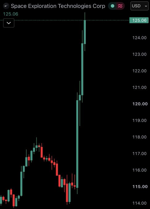 A candlestick chart of Space Exploration Technologies Corp (125.06 USD) shows a sharp vertical price spike surging from around $115 to $125, illustrating why shorting Elon Musk's company is a risky bet.