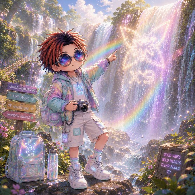 A young traveler in iridescent gear points toward a rainbow waterfall, surrounded by signs reading "Chase Rainbows," "Find Magic," "Adventure," "Wonder Waits," "X9," "Good Vibes, Wild Hearts, Clear Souls," and "Explore More," evoking the post's message about @quipnetwork's "X9" quantum-resistant security wrapping existing wallets to protect assets as they move across chains.