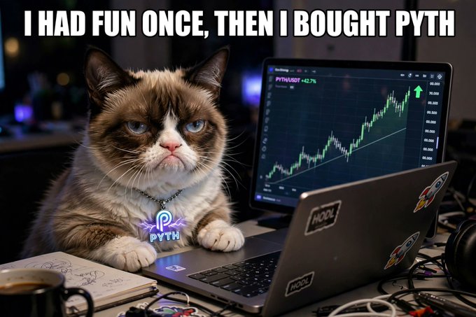 A meme featuring Grumpy Cat sitting at a desk with a laptop showing a PYTH/USD chart with a green upward trend, captioned "I HAD FUN ONCE, THEN I BOUGHT PYTH" with PYTH branding visible.