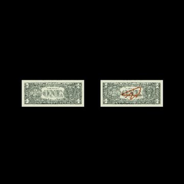 Two US one-dollar bills displayed side by side on a black background, with one appearing to be a standard back design and the other showing what looks like a red seal or stamp overlay.
