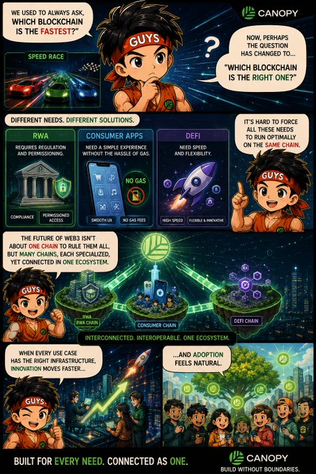 An infographic comic from Canopy explaining different blockchain types (RWA, Consumer Apps, DeFi) using an anime-style character, with the tagline "BUILT FOR EVERY NEED. CONNECTED AS ONE."