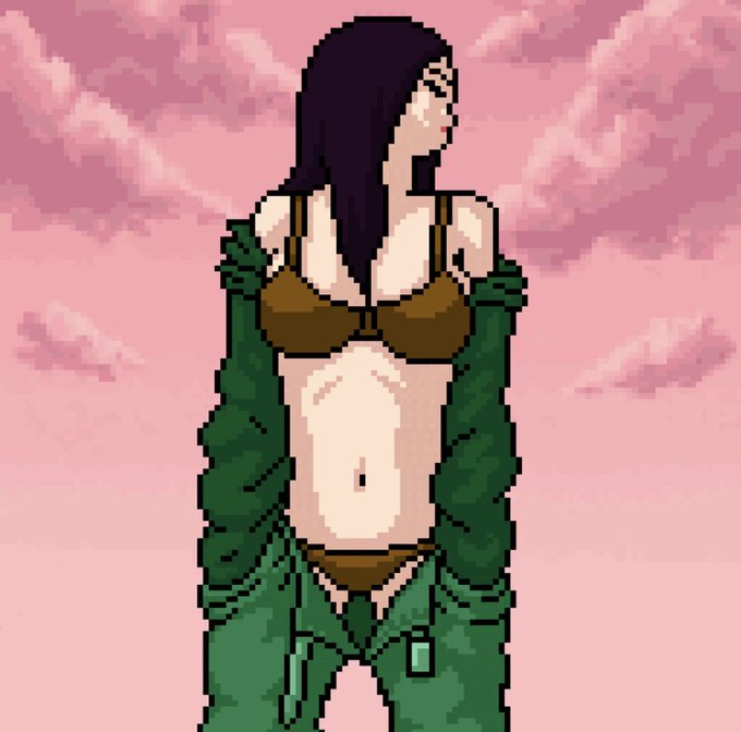 Pixel art illustration of a woman with long dark hair wearing a green jacket, brown bikini top and bottoms, standing against a pink cloudy sky.