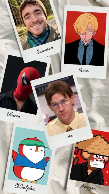 A collage of Polaroid-style photos featuring user avatars labeled 'Samooves', 'Rivon', 'Etherea', 'Laki', 'CSGalpha', and 'Aaygan', including real people, anime characters, Spider-Man, a penguin, and a pixel-art figure.