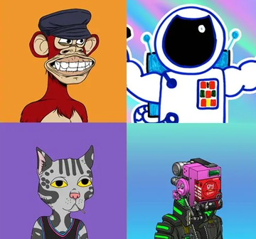 A four-panel meme features cartoon characters: a grinning monkey in a military cap, an astronaut with a black visor, a cat in a tank top, and a gun-wielding robot on a jetpack, each set against brightly colored backgrounds, humorously personifying different reactions or avatars likely tied to the NFT "Few and Far" marketplace founder charged with a $10M fraud scheme.