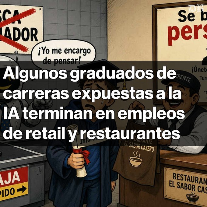 An illustration showing a graduate holding a diploma standing next to a smiling restaurant worker, with a speech bubble saying '¡Yo me encargo de pensar!' and overlaid Spanish text: 'Algunos graduados de carreras expuestas a la IA terminan en empleos de retail y restaurantes'.