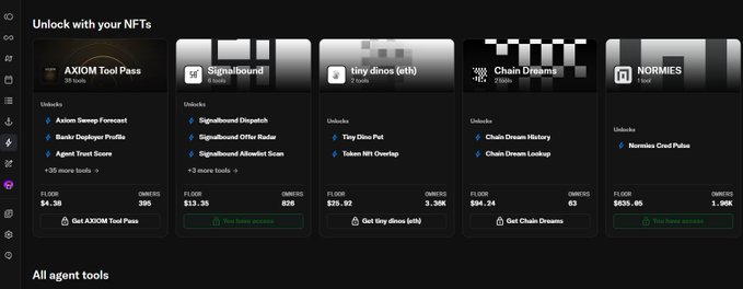 A digital marketplace interface titled 'Unlock with your NFTs' displaying various tools and tool passes for sale, including 'AXIOM Tool Pass' ($6.30), 'Signals' ($13.35), 'tiny dinos' ($25.83), 'Chain Dreams' ($84.24), and 'NORMIES' ($635.86).