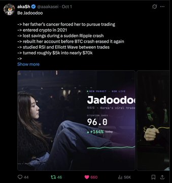 A screenshot of a tweet by @saakasei posted Oct 1, featuring "Be Jadoodoe," a Korean viralmotion trader who turned $5k into nearly $70k after a Ripple crash, with her profile showing a 96.0% return. The image highlights a successful trading story, though it does not directly relate to the post about Motion's new live news layer feature.