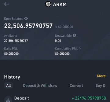 A screenshot of the Arkham (ARKM) token dashboard showing a spot balance of 22,506.95 with a recent deposit of +2246.95, illustrating the user's accumulation of ARKM tokens through minimal effort—consistent with their claim that Arkham airdrops are low-effort but lucrative.