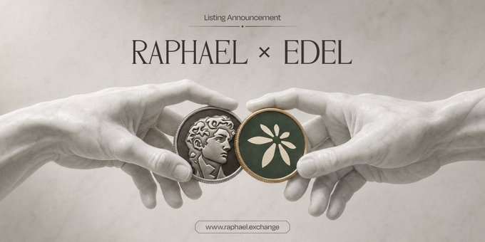A promotional graphic for a cryptocurrency listing announcement titled 'RAPHAEL x EDEL,' featuring two hands holding coins—one depicting a classical figure and the other with a flower emblem—and the URL www.raphael.exchange.
