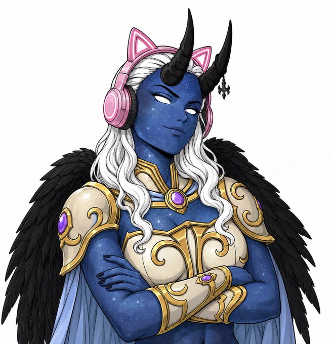 A digital illustration of a female character with blue, star-speckled skin, white hair, and black horns, wearing pink cat-ear headphones, gold and white armor, and black feathered wings.