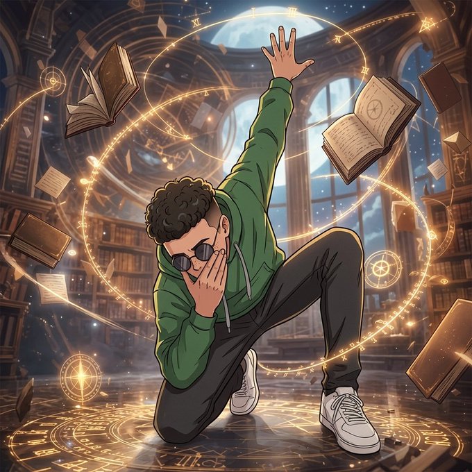 An anime-style illustration of a young man with curly hair and sunglasses in a green hoodie striking a dynamic pose in a magical library surrounded by glowing spell circles and floating books.