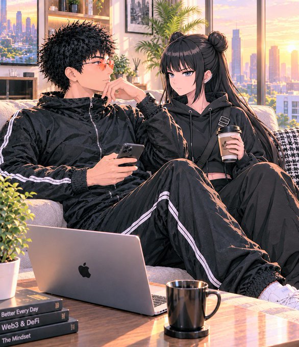 An anime-style illustration shows a young man with spiky black hair and a young woman with long dark hair sitting together on a couch, both wearing matching black tracksuits, with a MacBook laptop, coffee mug, and books titled 'Better Every Day', 'Web3 & DeFi', and 'The Mindset' in the foreground.