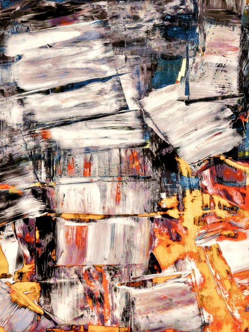 An abstract mixed-media artwork featuring layered brushstrokes in white, black, orange, and blue tones, evoking a sense of structural collapse and decay—directly mirroring the title "Watch It Crumble" as it visually depicts fragmented forms breaking apart. The piece is offered as a limited 12-edition NFT drop on objkt.com.