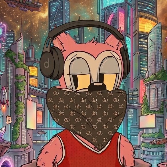 An anime-style pink furry character wearing black headphones, a red jersey, and a brown bandana with a repeating logo pattern, set against a vibrant cyberpunk cityscape with neon signs and flying vehicles.