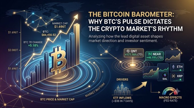 A financial infographic titled 'THE BITCOIN BAROMETER: WHY BTC'S PULSE DICTATES THE CRYPTO MARKET'S RHYTHM' showing BTC at $84,456.52 with a +5.18% 7D change, alongside data on QNT, NEAR, ETH, XRP, and SOL.