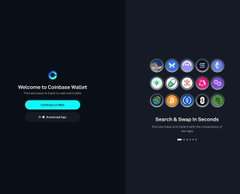 A mobile wallet app welcome screen prompting 'Welcome to CoinBase Wallet' with a connect button on the left and a grid of cryptocurrency coin icons with the text 'Search & Swag in Seconds' on the right.
