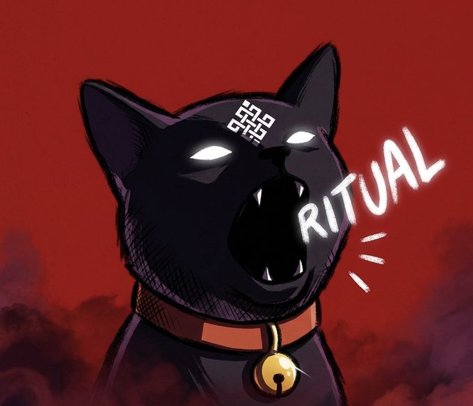 Stylized illustration of a black cat with glowing white eyes, a symbol on its forehead, and an open mouth showing fangs, with the word 'RITUAL' appearing next to it on a red background.
