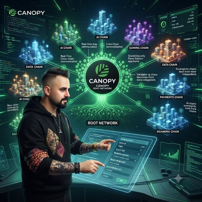 The image depicts a futuristic scene with a man in a black hoodie interacting with a glowing holographic interface displaying the "Canopy Root Network" ecosystem. The interface features interconnected chain modules labeled "AI Chain," "Gaming Chain," "Data Chain," and "Payments Chain," alongside a control panel with metrics like "Chain ID" and "Validator Security," visually reinforcing the post's theme of accessible, specialized blockchain infrastructure for builders.