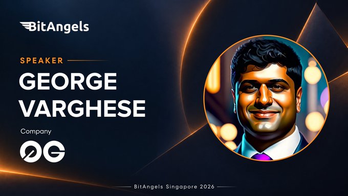 A speaker announcement graphic for 'BitAngels Singapore 2026' featuring George Varghese of 'OG' (company logo), with his portrait displayed in a circular frame against an orange and black background.