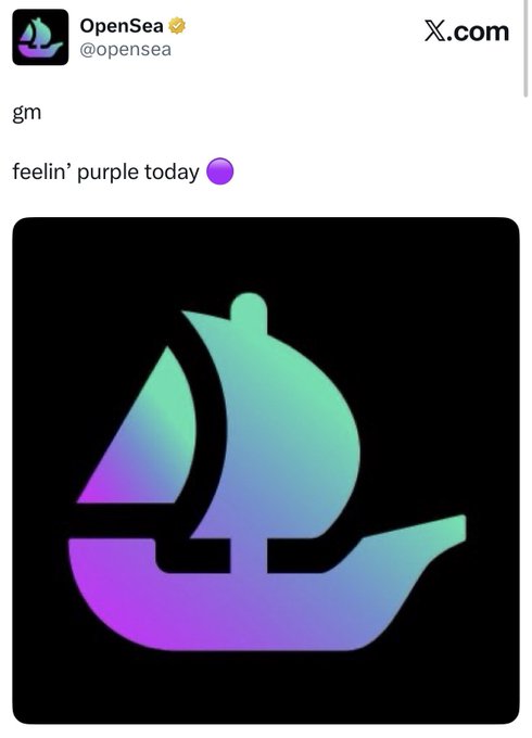 A screenshot of an X.com post by OpenSea (@opensea) that says 'gm' and 'feelin' purple today' with a purple emoji, featuring a stylized ship logo in purple and teal gradient.