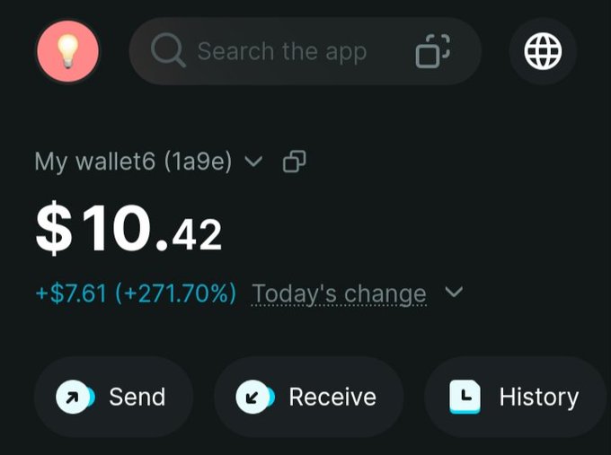 A crypto wallet dashboard shows a balance of $10.42 with a +$7.61 (+271.70%) gain today in wallet "My wallet6 (1a9e)," with Send, Receive, and History buttons below. The image relates to the post by humorously illustrating the small ~$10 portfolio balance that the author jokingly suggests taking a break from trading KNOTS to enjoy the outdoors.