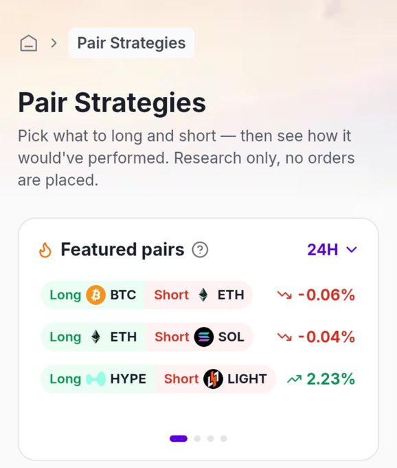 A mobile app screen titled 'Pair Strategies' showing a 'Featured pairs' list of cryptocurrency long/short trades, including BTC/ETH (-0.06%), ETH/SOL (-0.04%), and HYPE/LIGHT (+2.23%) over a 24-hour period.