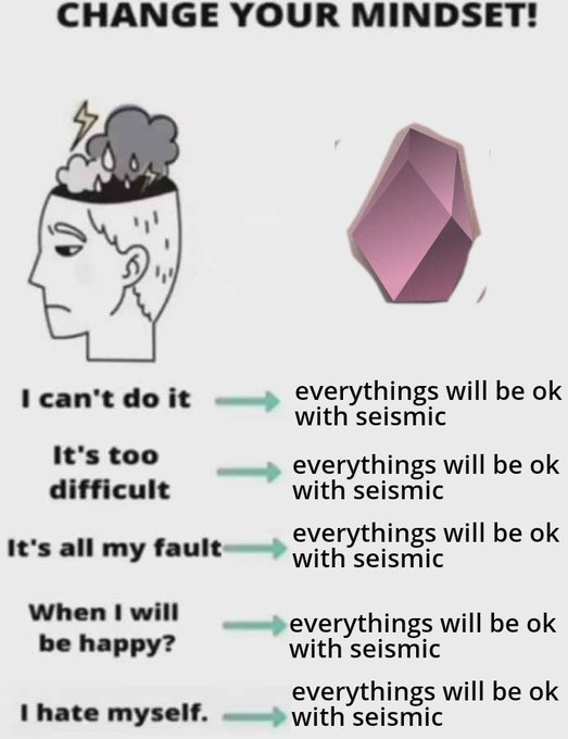 Humorous 'CHANGE YOUR MINDSET!' meme featuring a frustrated cartoon character and a purple crystal, mapping negative thoughts ('I can't do it', 'It's too difficult', 'I hate myself') to the solution 'everythings will be ok with seismic'.