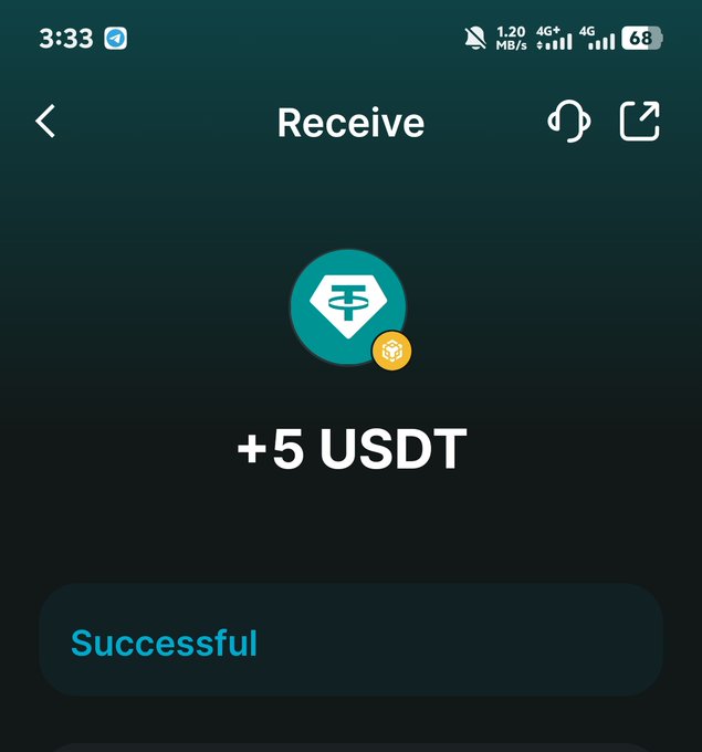 A cell phone screen displays a message indicating that someone has received a new currency token of $5 USDT (five dollars). The post suggests the recipient is using this reward as motivation to keep building their cryptocurrency wallet with others, fostering a community where people contribute to and benefit from each other's creations.