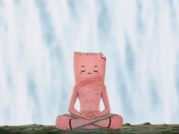 A pink, meditating figure with a paper-bag head stamped "TERMINATED" sits serenely against a cloudy sky, visually capturing the post's themes of layoffs ($layoff) and workforce displacement by depicting an unemployed, anonymous worker at peace with termination.