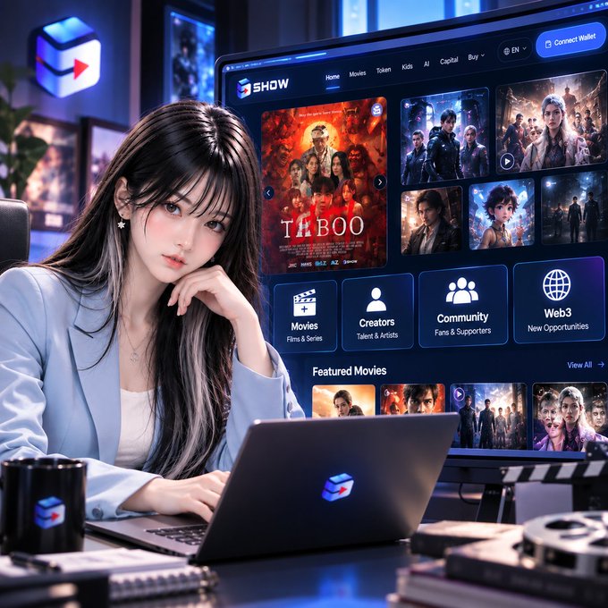 A digital illustration of a woman working at a laptop with a movie streaming service called 'SHOW' on a large screen behind her, featuring categories like Movies, Creators, Community, and Web3.
