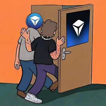 A cartoon illustration shows two figures, one with a TON logo as a head, ushering another through a door featuring the TON logo.
