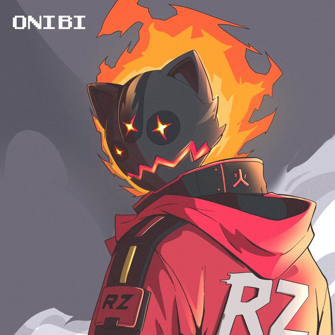 An anime-style illustration of a cat-like character with a black mask, star-shaped glowing eyes, and flames around its head, wearing a red hoodie with 'RZ' branding and the text 'ONIBI' in the corner.