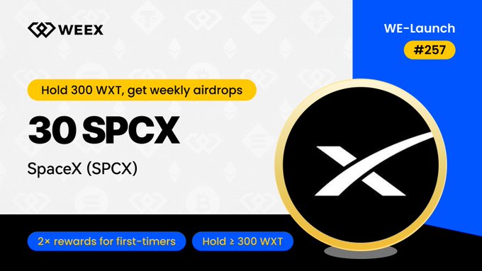 A WEEX WE-Launch #257 promotional graphic advertises a SpaceX (SPCX) token airdrop offering 30 SPCX for holding 300 WXT, running from October 9–16, 2026, with 2× rewards for first-timers, matching the accompanying post's details.