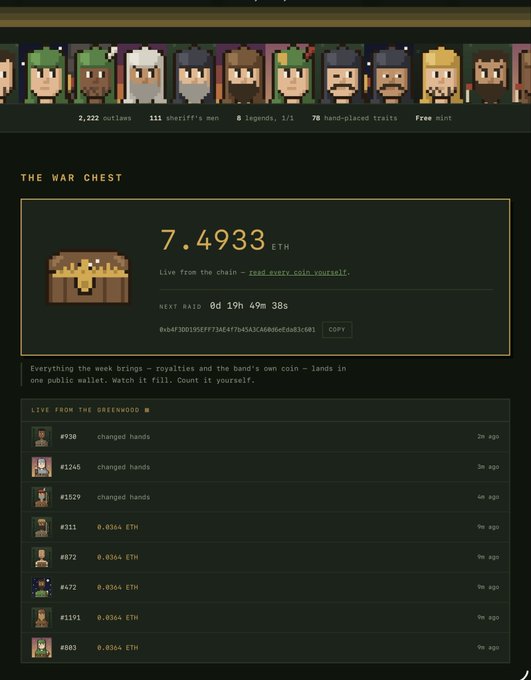 A screenshot of a pixel-art NFT collection dashboard titled "THE WAR CHEST" showing a treasury balance of 7.4933 ETH and transaction activity for pixel characters.