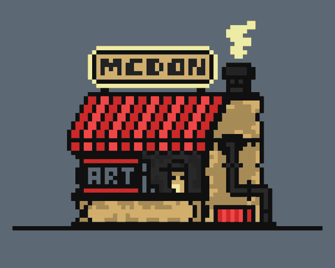 Pixel art illustration of a retro McDonald's restaurant with a red and white checkered roof, the iconic golden arches sign, and a smoking chimney on a dark background.