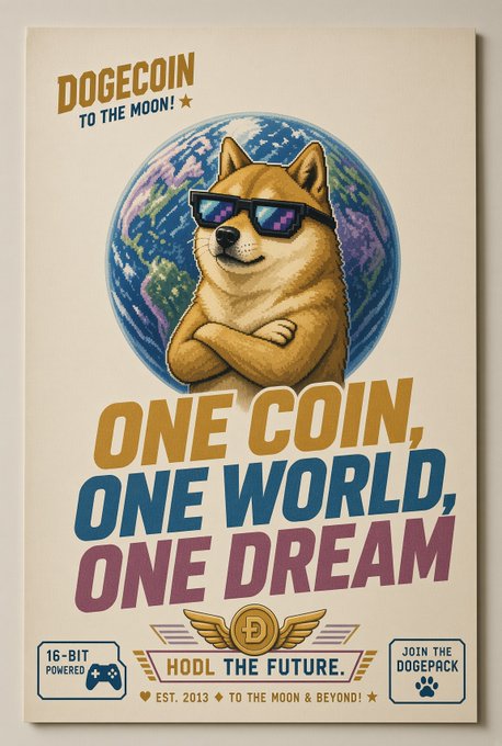A retro-style Dogecoin poster shows a Shiba Inu in sunglasses, Earth behind it, and the text “DOGECOIN TO THE MOON!”, “ONE COIN, ONE WORLD, ONE DREAM,” and “HODL THE FUTURE.”