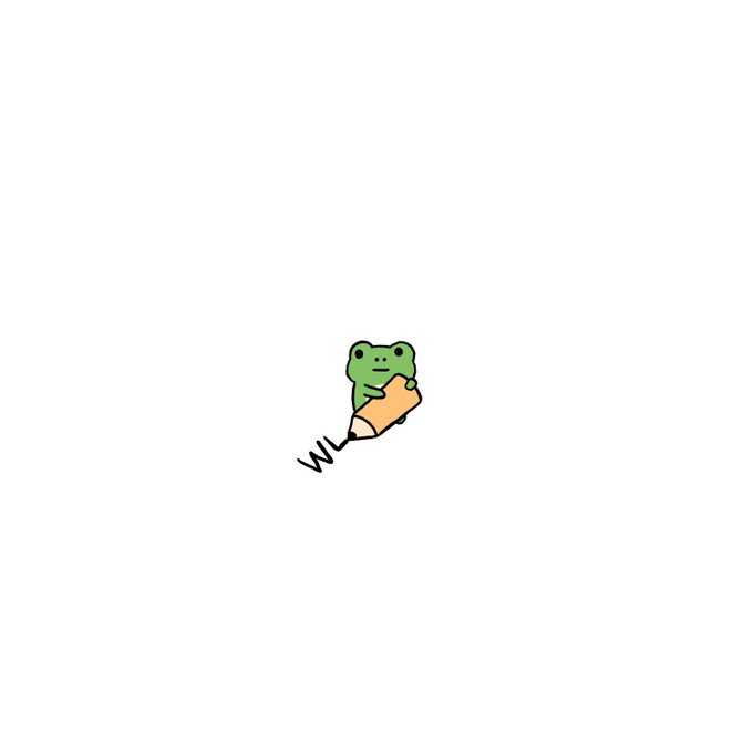 A simple cartoon doodle depicts a small green frog riding a pencil with a scribbled trail on a white background.