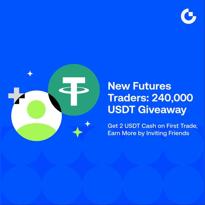 The image features a blue background with two green circles, one larger than the other, both containing a person. Above them, there is text that reads "New Futures Traders: 240,000 USDT Grant Give 2 usDT Cash on First Trade. Earn More by Inviting Friends". Below this, there are details about how to enter the trade pool for the reward.