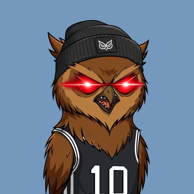 Illustration of an angry brown owl wearing a black beanie with an owl logo and a black basketball jersey with the number 10, featuring glowing red eyes against a blue background.