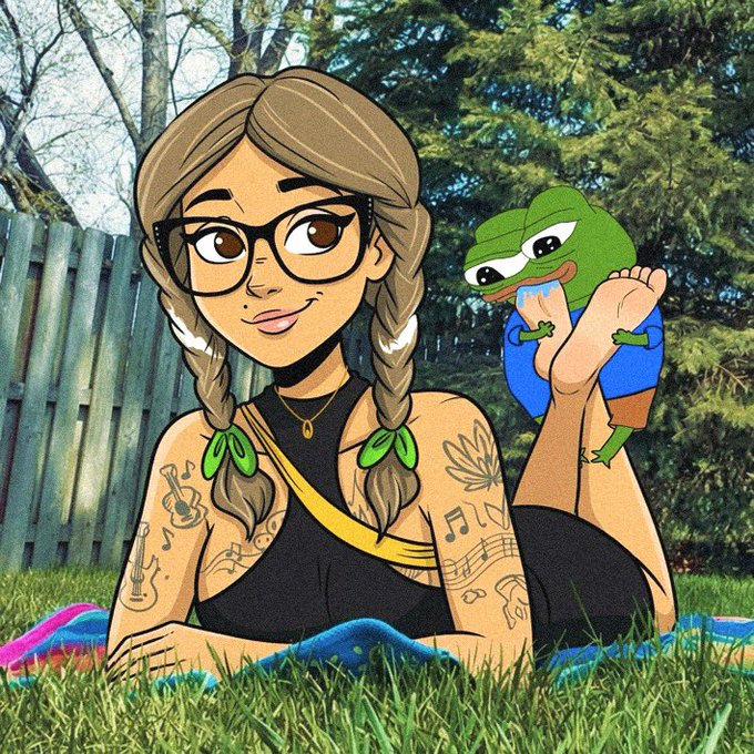 A digital illustration in Pixar/Disney style showing a smiling woman with glasses and pigtails lying on a blanket in the grass, while a sad-looking Pepe the Frog in a blue shirt kisses her foot.