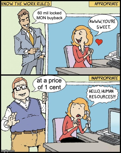 A two-panel 'Know the Work Rules' cartoon showing the difference between appropriate and inappropriate office behavior, where a 60 million locked MON buyback at 1 cent causes a workplace HR issue.